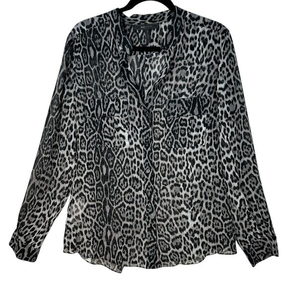 BCBG MAXAZRIA Anderson Sheer Silk Blouse Top Womens Large Button Leopard Animal - Picture 1 of 9